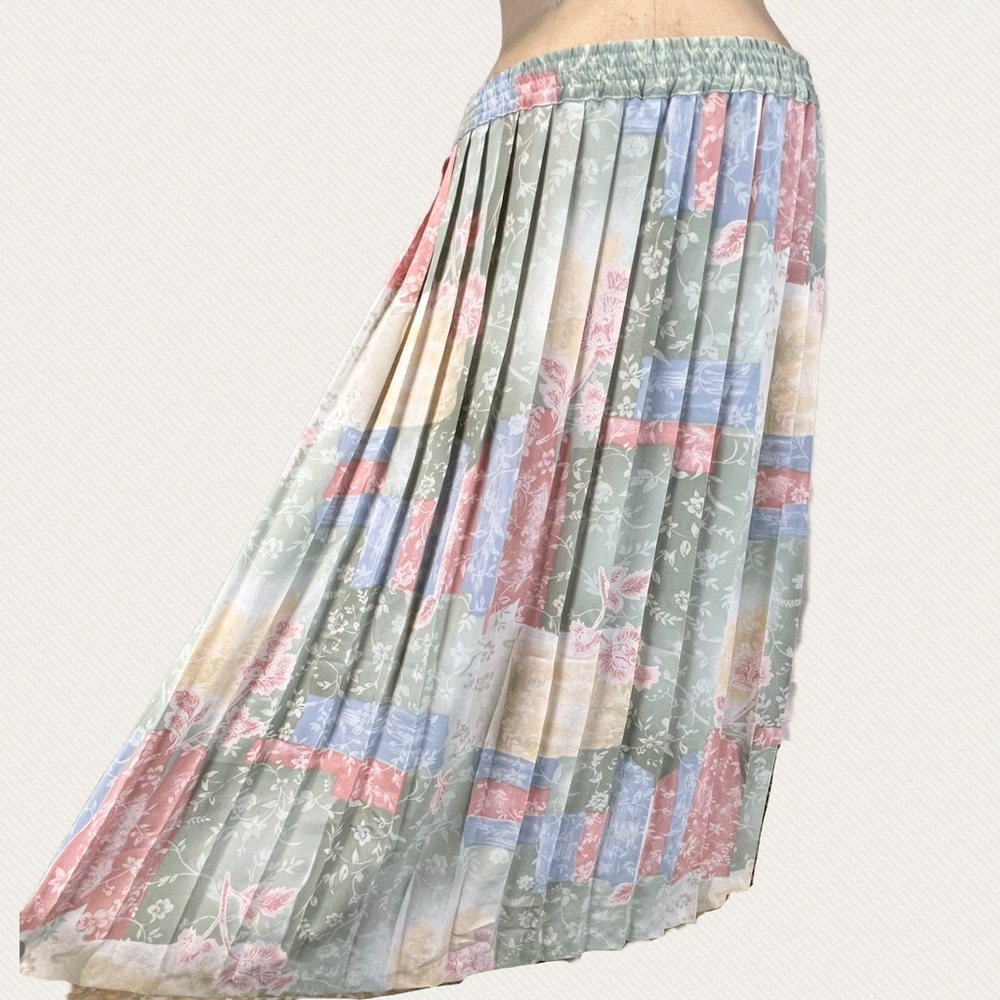 VINTAGE 80s pastel geometric‎ floral knife pleated midi skirt elastic waist